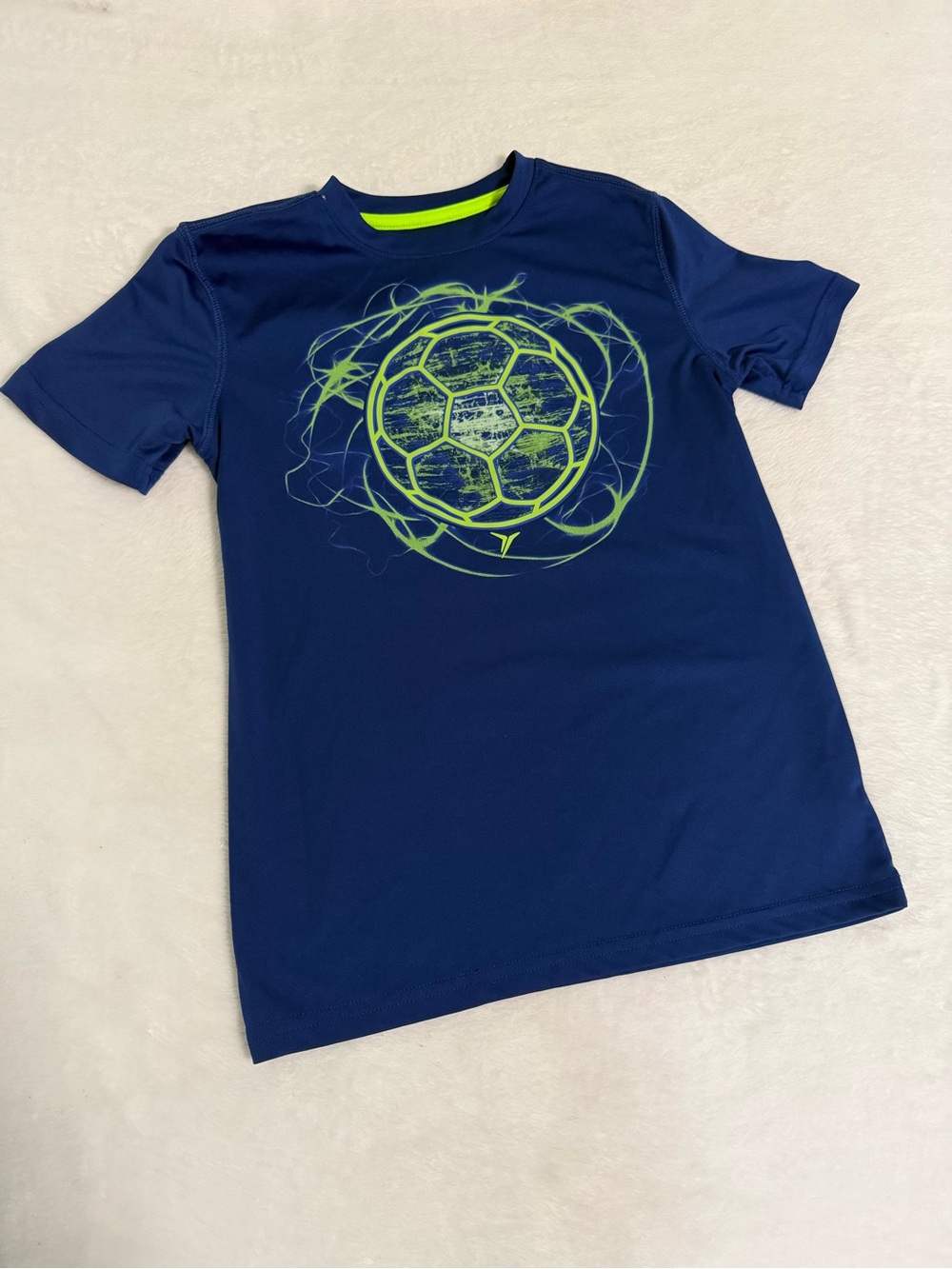 Cat & Jack Navy Blue Tee with Neon Green Soccer Graphic Youth Medium Performance